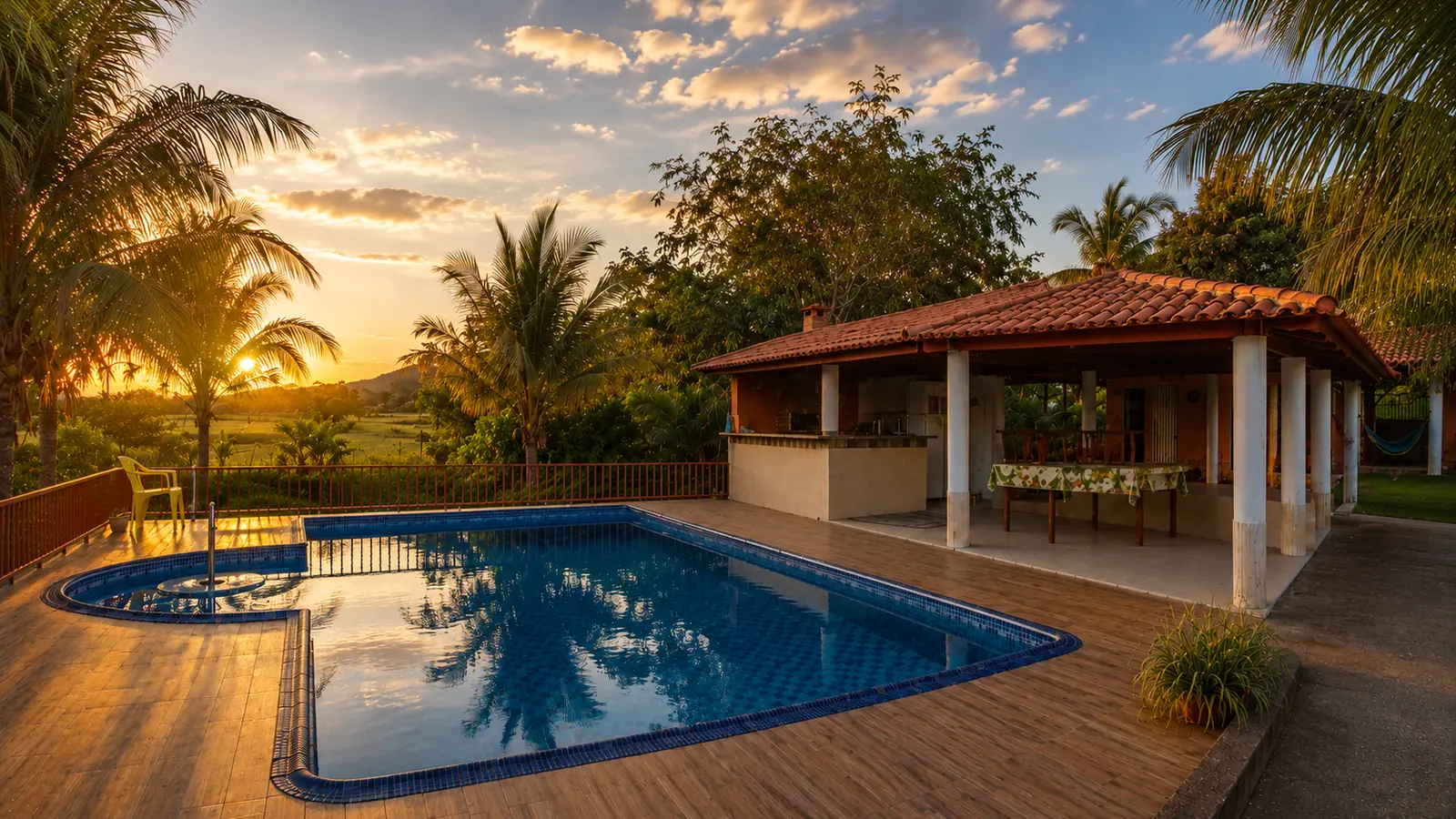 Piscina da Pousada Serra Dourada ao entardecer